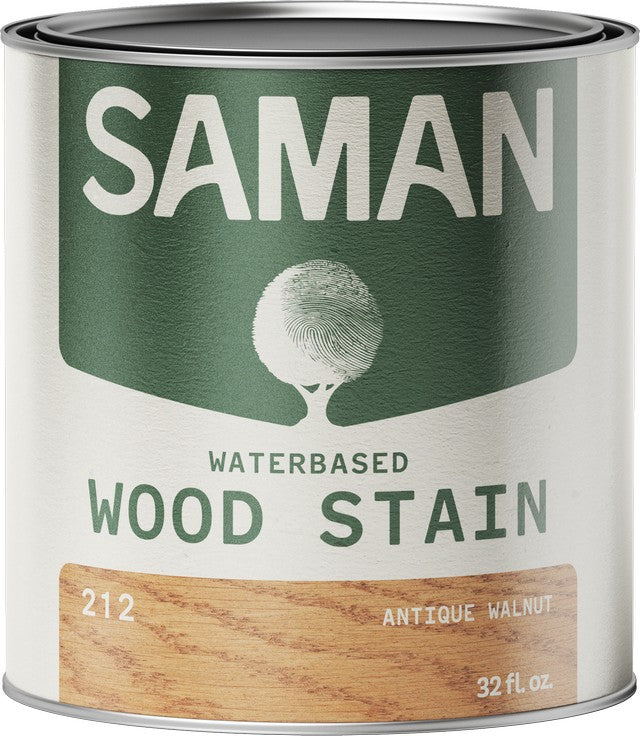 Can of Saman water-based wood stain in antique walnut color with label and wood sample.
