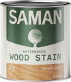 Can of Saman water-based wood stain in antique walnut color with label and wood sample.