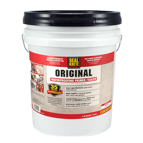 White bucket of Seal Krete Original Waterproofing Primer/Sealer with a black lid on a white background