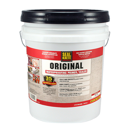 White bucket of Seal Krete Original Waterproofing Primer/Sealer with a black lid on a white background