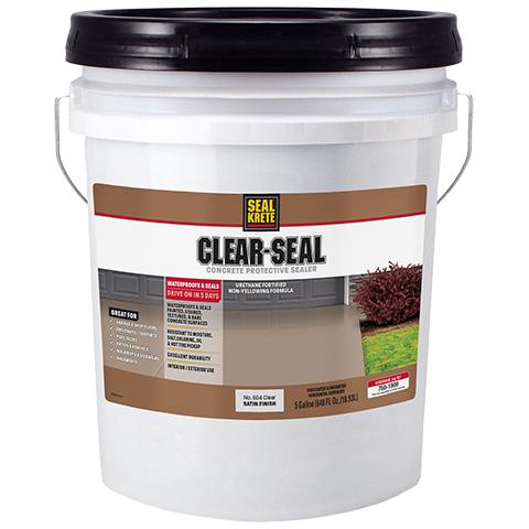 White bucket of Seal-Krete Clear-Seal concrete protective sealer on a white background