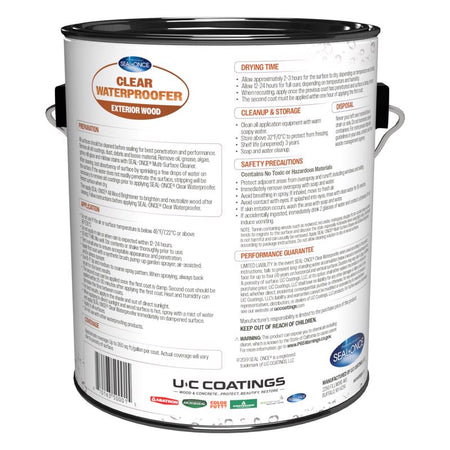 Back label of Seal Once waterproofer exterior wood coating on a white background