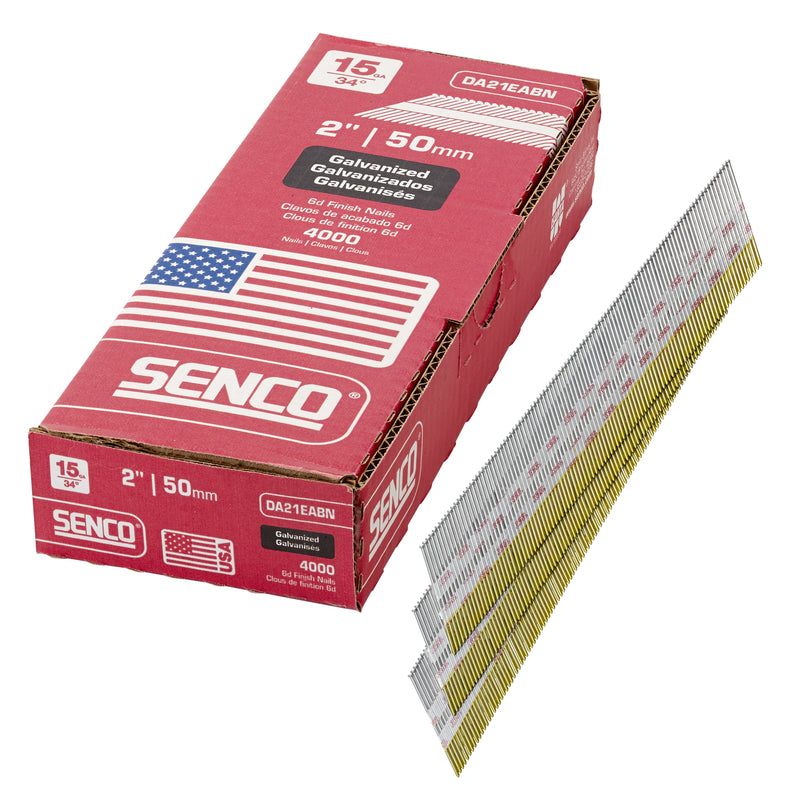 Senco 2 Inch 15 Ga. Galvanized Angled Finish Nails next to the Box of 4000 DA21EABN