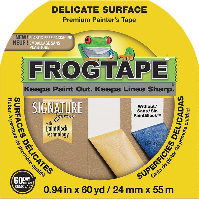 Frog Tape 1 Inch tape packaging with a green frog character on a yellow background