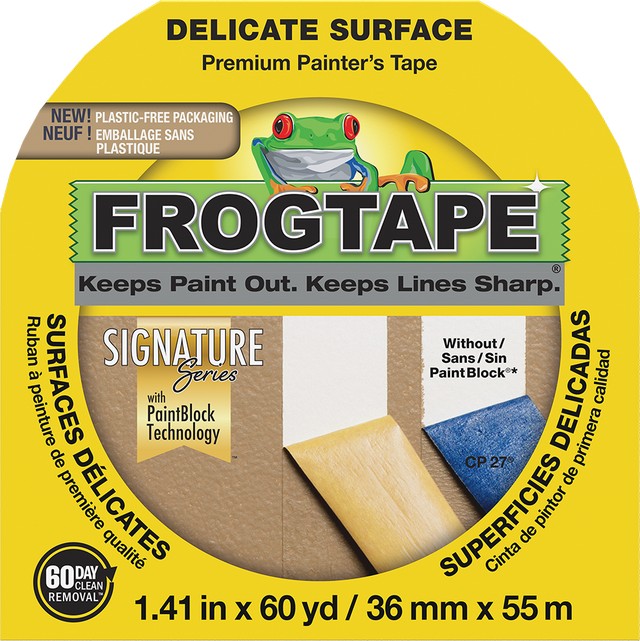 Frog Tape 1-1/2 Inch tape packaging with a green frog character on a yellow background