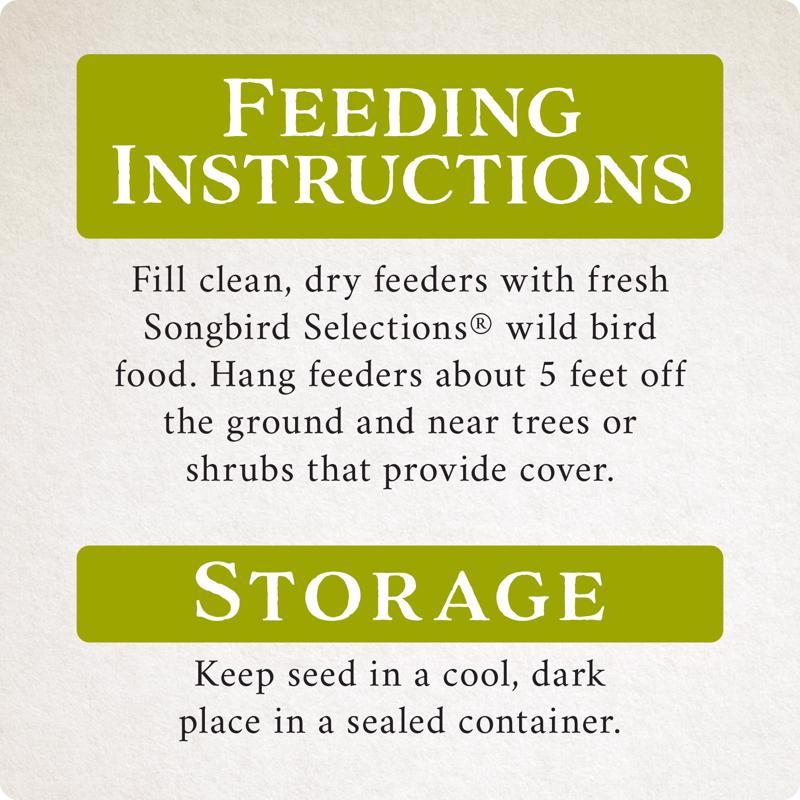 Feeding and storage instructions for Songbird Selections Perfect Balance Wild Bird Food 13624