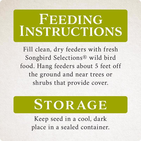Feeding and storage instructions for Songbird Selections Perfect Balance Wild Bird Food 13624