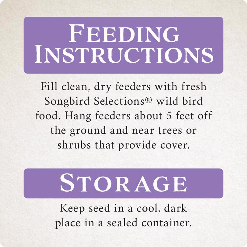 Feeding and storage instructions for Songbird Selections Wild Finch Feast Wild Bird Food