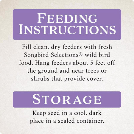 Feeding and storage instructions for Songbird Selections Wild Finch Feast Wild Bird Food