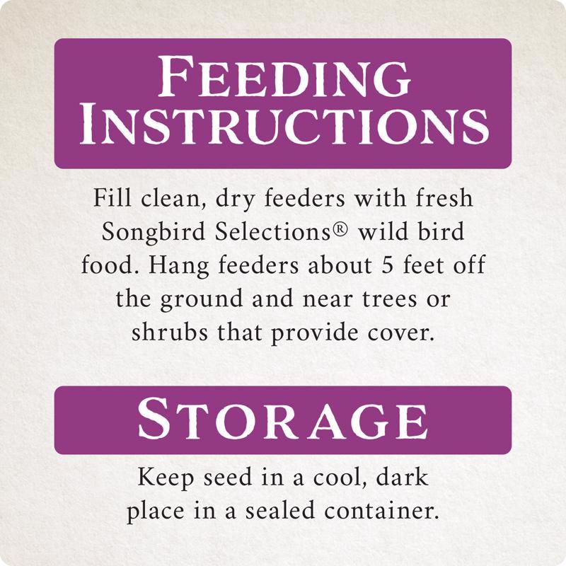 Feeding and storage instructions for Songbird Selections Berry Burst bird food