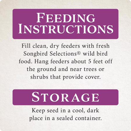 Feeding and storage instructions for Songbird Selections Berry Burst bird food