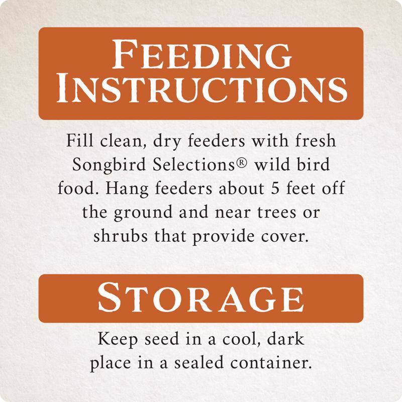 Feeding and storage instructions for Songbird Selections Sizzling Variety Wild Bird Food
