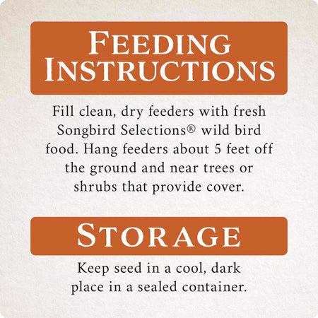 Feeding and storage instructions for Songbird Selections Sizzling Variety Wild Bird Food