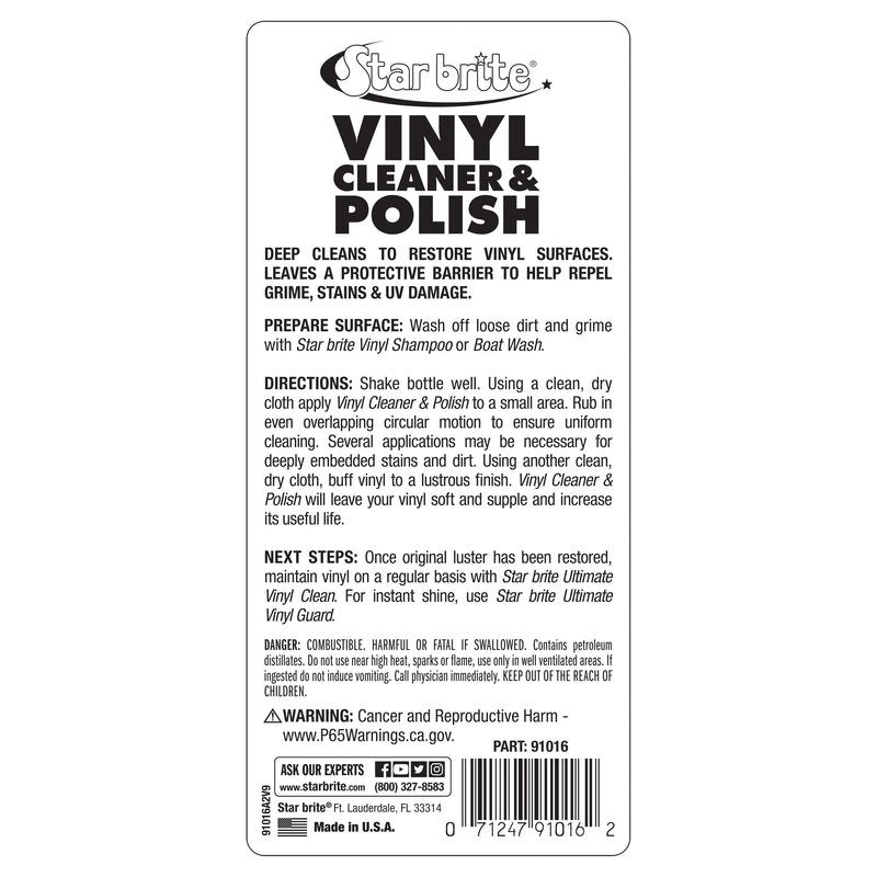 Back label of the Star Brite Vinyl Polish and Restorer 16 Oz 091016