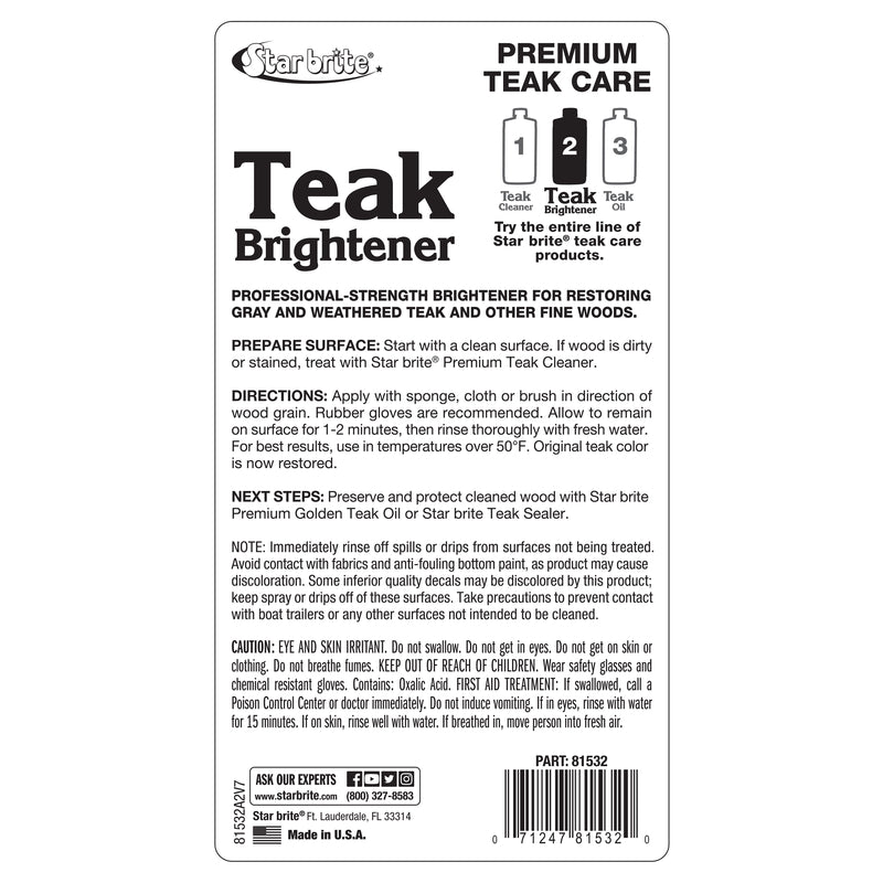 Back label of the Star Brite Premium Teak Brightener 32 Oz 81532