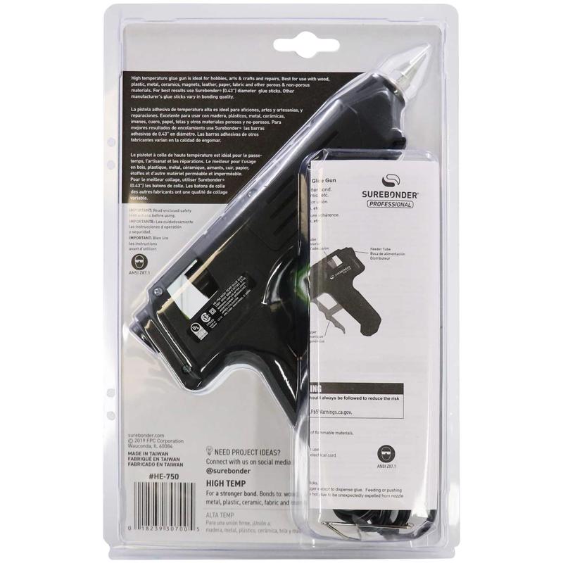 Surebonder HE-750W Professional Series High Temperature Glue Gun back of package.