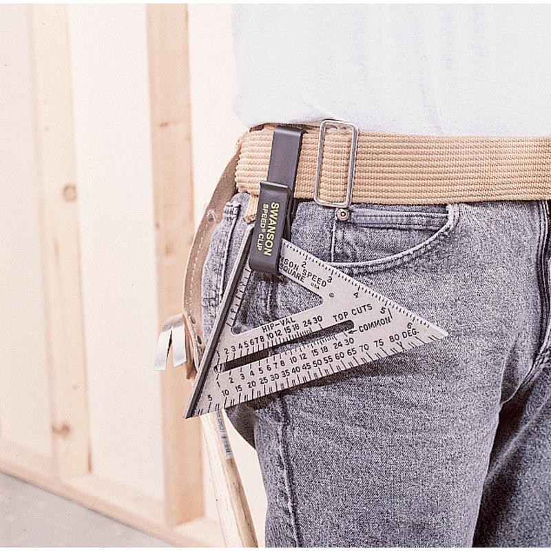 Swanson 7" Speed Square S0101-C shown clipped to a belt
