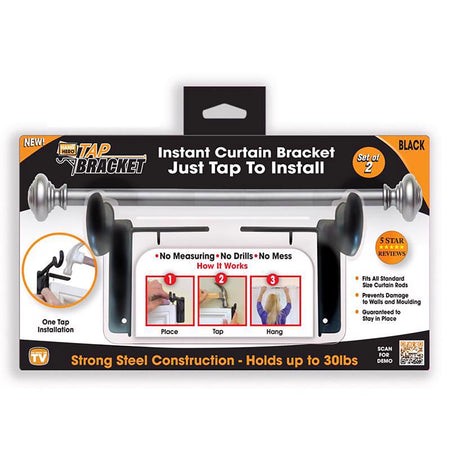 Tap Bracket Instant Curtain Bracket black in packaging on a white background