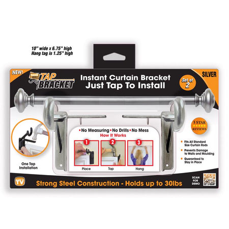 Instant curtain bracket packaging with silver brackets on a white background