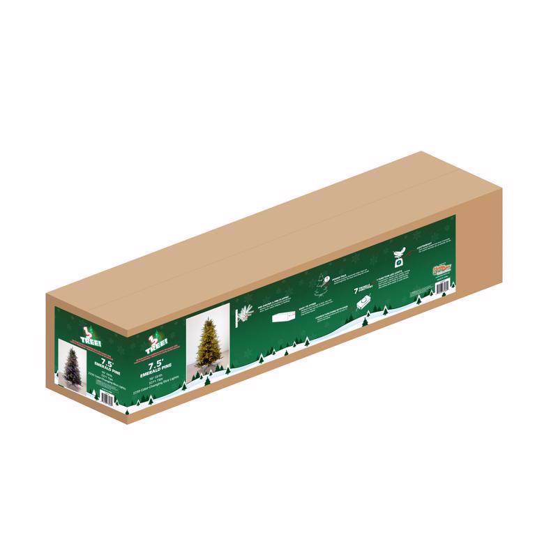 Cardboard box with green label featuring Christmas tree illustrations on a white background