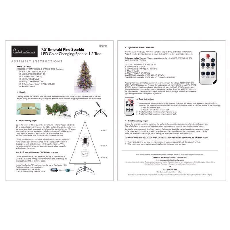 Assembly instructions for a Christmas tree with a remote control on a white background