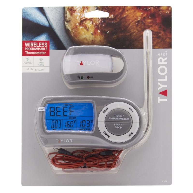 Taylor 1479-21 Gourmet Wireless Remote Thermometer in manufacturer packaging on a white background