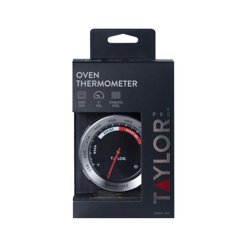 Taylor 553 Instant Read Analog Oven Thermometer in manufacturer packaging on a white background