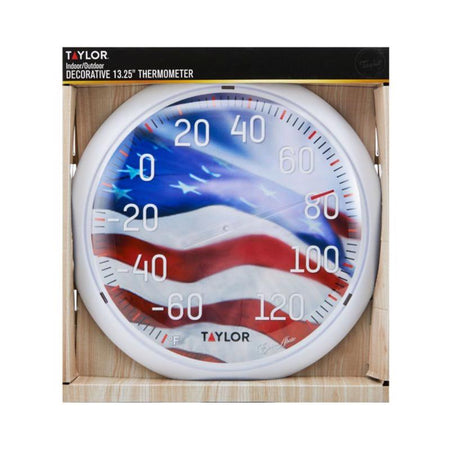 Taylor 6729 American Flag Thermometer shown in manufacturer packaging on a white background