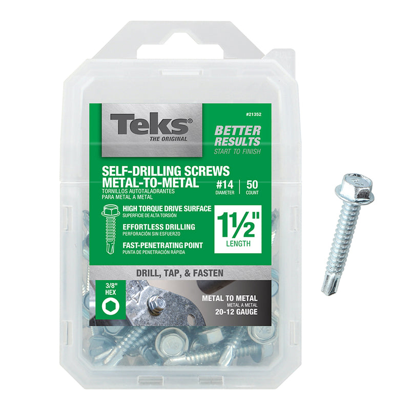 Teks Hex Washer Head Sheet Metal Screws 1-1/2 Inch 50 Pack