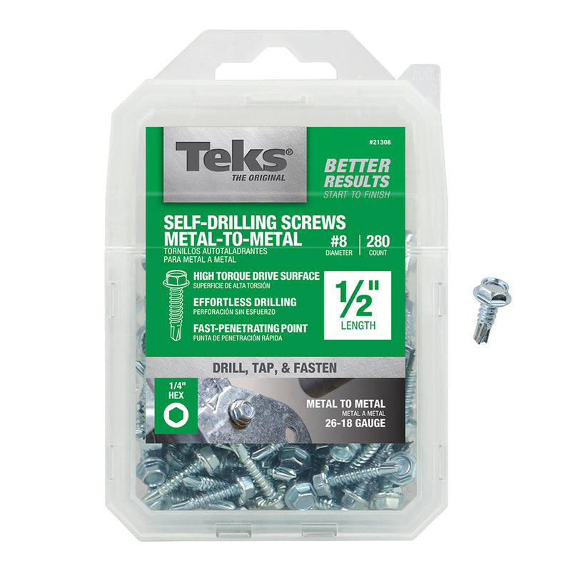 Teks Hex Washer Head Sheet Metal Screws 1/2 inch 280 Pack
