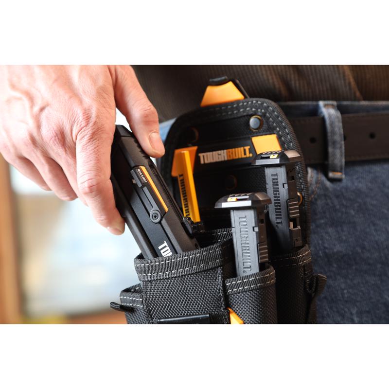 ToughBuilt Retractable Reloading Utility Knife being shown in a tool belt.