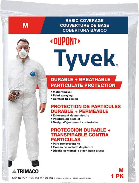 Trimaco Tyvek Coveralls Medium particulate protection coverall packaging with a person wearing the coverall.