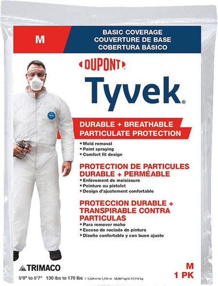 Trimaco Tyvek Coveralls Medium particulate protection coverall packaging with a person wearing the coverall.