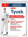 Trimaco Tyvek Coveralls Medium particulate protection coverall packaging with a person wearing the coverall.
