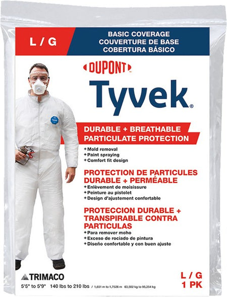 Trimaco Tyvek Coveralls Large particulate protection suit packaging with a person wearing the suit on a white background.