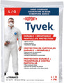Trimaco Tyvek Coveralls Large particulate protection suit packaging with a person wearing the suit on a white background.