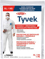 Trimaco Tyvek Coveralls X-Large packaging with a person wearing the coverall, highlighting durability and breathable particulate protection.