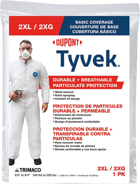 Trimaco Tyvek Coveralls 2-XL particulate protection coverall packaging with a person wearing the coverall.