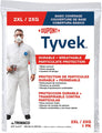 Trimaco Tyvek Coveralls 2-XL particulate protection coverall packaging with a person wearing the coverall.