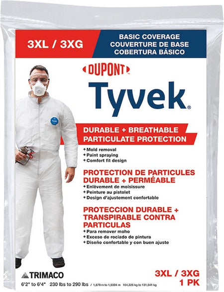 Trimaco Tyvek coverall 3XL packaging with a person wearing the coverall on a white background