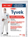 Trimaco Tyvek coverall 3XL packaging with a person wearing the coverall on a white background