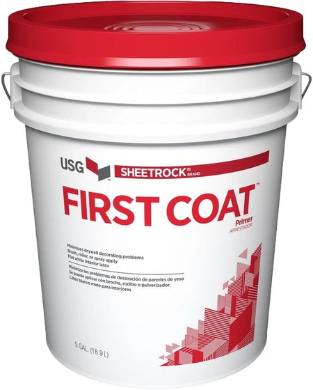 USG Sheetrock First Coat primer bucket with red lid on a white background
