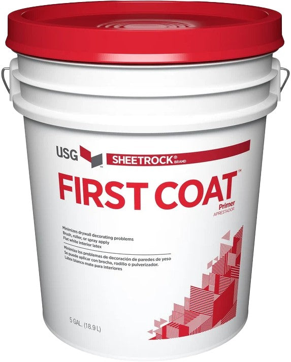 USG Sheetrock First Coat primer bucket with red lid on a white background