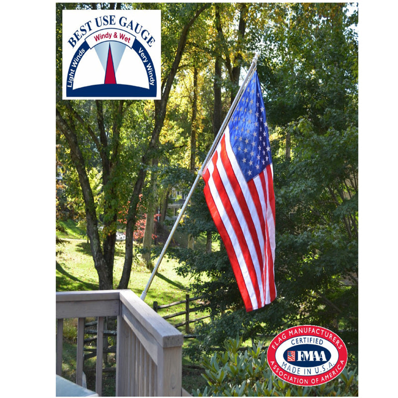 American flag on a flagpole with a Best Use Gauge logo and EMAA certification logo in the background.