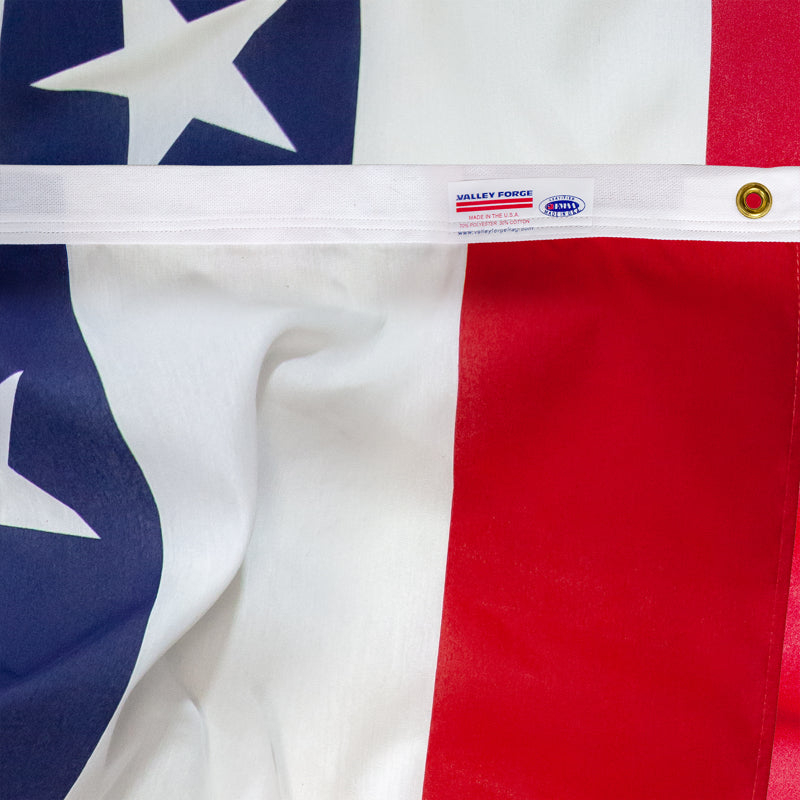 Made in the USA product label of the Valley Forge American Banner 36 in. H X 72 in. W PFF-ST