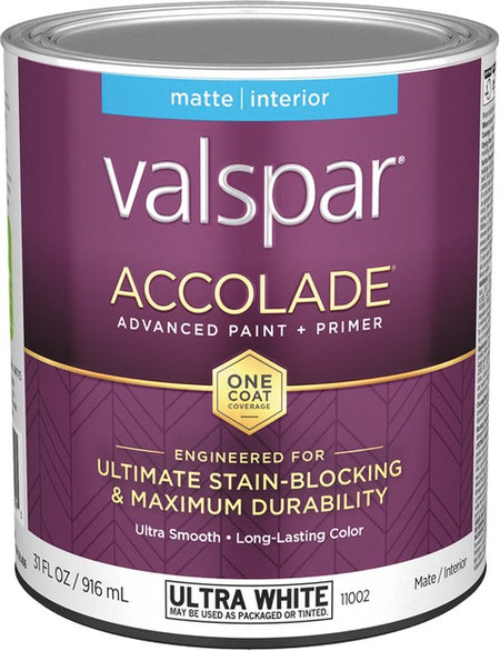 Valspar Accolade Matte Finish Ultra White Interior Paint & Primer 11002 Quart