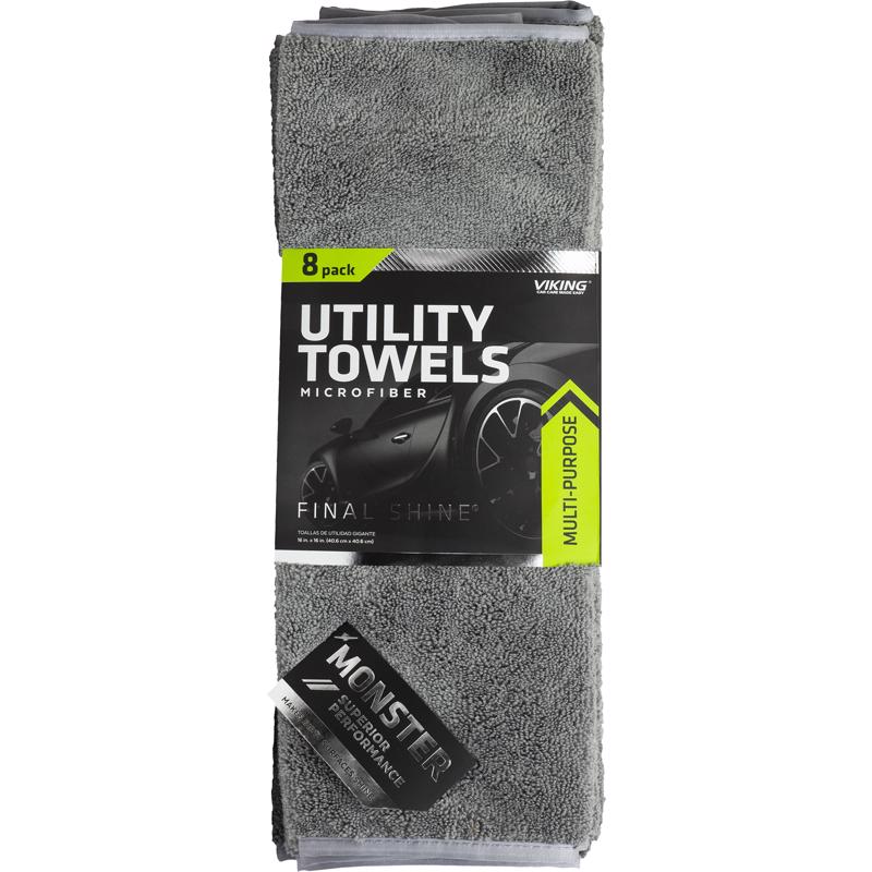 The image showcases a pack of eight gray microfiber utility towels neatly folded and stacked together.