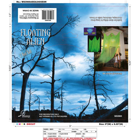 Product packaging for a 'Floating Alien' decoration with tree silhouette design.