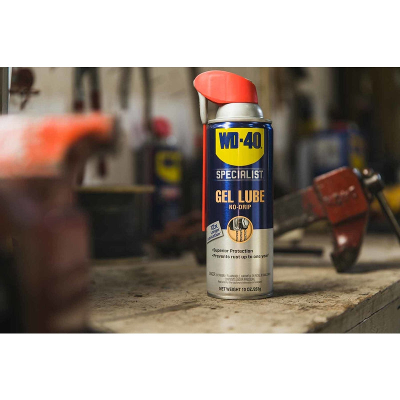 WD-40 Specialist No-Drip Gel Lubricant pictured on a garage work table.