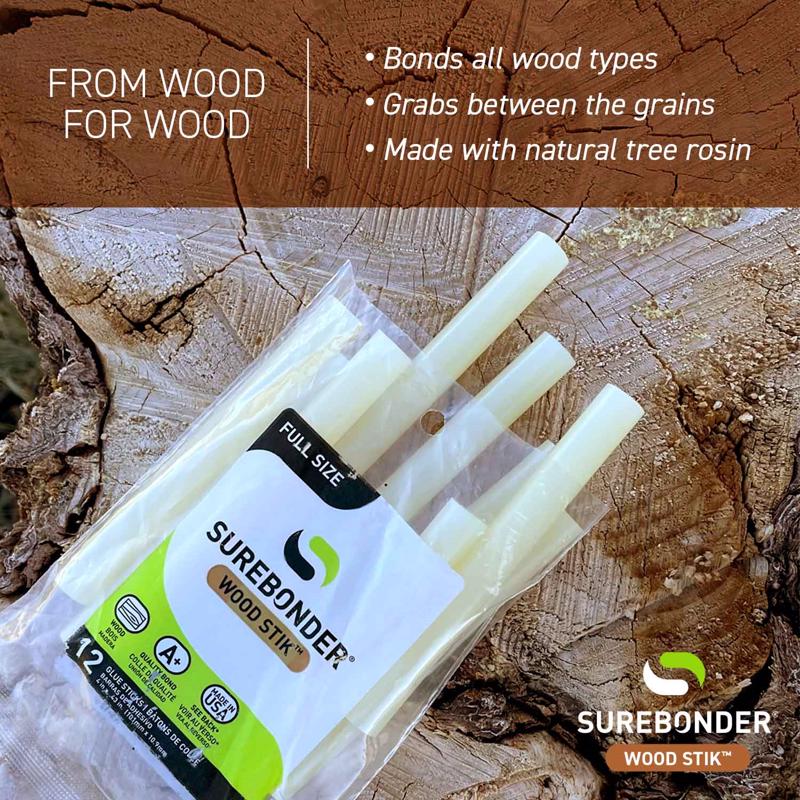 SUREBONDER Wood Stik packaging on a wooden background with product details.
